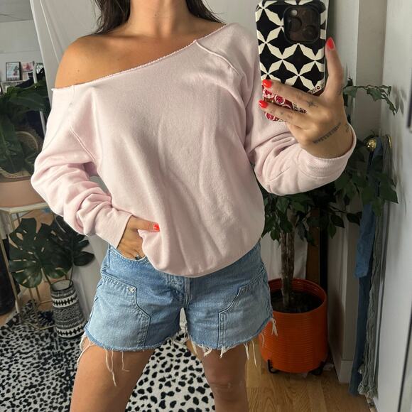 Abercrombie & Fitch Tops - Off The Shoulder Sweatshirt with Raw Edge Boat Neck Light Pink Size Medium